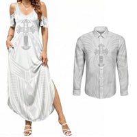 Samoa Christian Couples Matching Summer Maxi Dress and Long Sleeve Button Shirt Rooted In Christ Polynesian Cross