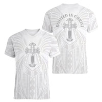 Samoa Christian Women V-Neck T-Shirt Rooted In Christ Polynesian Cross