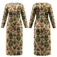 Hawaii Halloween Couples Matching Long Sleeve Bodycon Dress and Hawaiian Shirt Spooky Tropical Hula Zombie