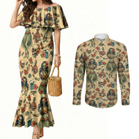 Hawaii Halloween Couples Matching Mermaid Dress and Long Sleeve Button Shirt Spooky Tropical Hula Zombie