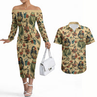 Hawaii Halloween Couples Matching Off The Shoulder Long Sleeve Dress and Hawaiian Shirt Spooky Tropical Hula Zombie