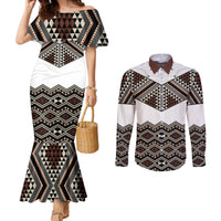 New Zealand Aotearoa Couples Matching Mermaid Dress and Long Sleeve Button Shirt Taniko Art Simple Style LT05 Brown - Polynesian Pride