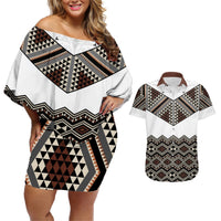 New Zealand Aotearoa Couples Matching Off Shoulder Short Dress and Hawaiian Shirt Taniko Art Simple Style LT05 Brown - Polynesian Pride