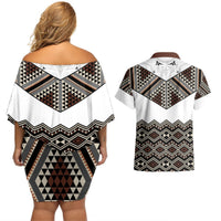 New Zealand Aotearoa Couples Matching Off Shoulder Short Dress and Hawaiian Shirt Taniko Art Simple Style LT05 - Polynesian Pride