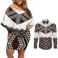 New Zealand Aotearoa Couples Matching Off Shoulder Short Dress and Long Sleeve Button Shirt Taniko Art Simple Style LT05 Brown - Polynesian Pride