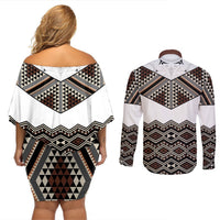 New Zealand Aotearoa Couples Matching Off Shoulder Short Dress and Long Sleeve Button Shirt Taniko Art Simple Style LT05 - Polynesian Pride
