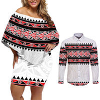 New Zealand Aotearoa Couples Matching Off Shoulder Short Dress and Long Sleeve Button Shirt With Kowhaiwhai Pattern Red Version LT05 Red - Polynesian Pride