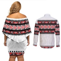 New Zealand Aotearoa Couples Matching Off Shoulder Short Dress and Long Sleeve Button Shirt With Kowhaiwhai Pattern Red Version LT05 - Polynesian Pride