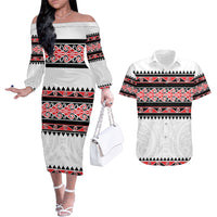 New Zealand Aotearoa Couples Matching Off The Shoulder Long Sleeve Dress and Hawaiian Shirt With Kowhaiwhai Pattern Red Version LT05 Red - Polynesian Pride