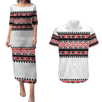 New Zealand Aotearoa Couples Matching Puletasi Dress and Hawaiian Shirt With Kowhaiwhai Pattern Red Version LT05 Red - Polynesian Pride