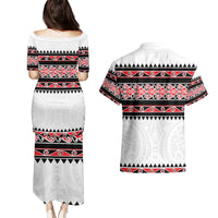 New Zealand Aotearoa Couples Matching Puletasi Dress and Hawaiian Shirt With Kowhaiwhai Pattern Red Version LT05 - Polynesian Pride