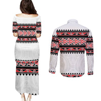 New Zealand Aotearoa Couples Matching Puletasi Dress and Long Sleeve Button Shirt With Kowhaiwhai Pattern Red Version LT05 - Polynesian Pride