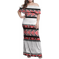 New Zealand Aotearoa Family Matching Off Shoulder Maxi Dress and Hawaiian Shirt With Kowhaiwhai Pattern Red Version LT05 Mom's Dress Red - Polynesian Pride