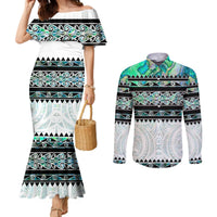 New Zealand Aotearoa Couples Matching Mermaid Dress and Long Sleeve Button Shirt With Paua Shell Kowhaiwhai Pattern LT05 Green - Polynesian Pride