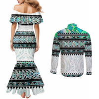 New Zealand Aotearoa Couples Matching Mermaid Dress and Long Sleeve Button Shirt With Paua Shell Kowhaiwhai Pattern LT05 - Polynesian Pride