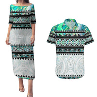 New Zealand Aotearoa Couples Matching Puletasi Dress and Hawaiian Shirt With Paua Shell Kowhaiwhai Pattern LT05 Green - Polynesian Pride