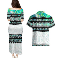 New Zealand Aotearoa Couples Matching Puletasi Dress and Hawaiian Shirt With Paua Shell Kowhaiwhai Pattern LT05 - Polynesian Pride
