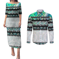 New Zealand Aotearoa Couples Matching Puletasi Dress and Long Sleeve Button Shirt With Paua Shell Kowhaiwhai Pattern LT05 Green - Polynesian Pride