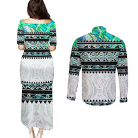 New Zealand Aotearoa Couples Matching Puletasi Dress and Long Sleeve Button Shirt With Paua Shell Kowhaiwhai Pattern LT05 - Polynesian Pride