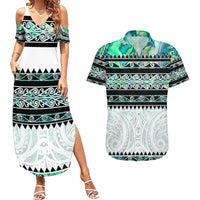 New Zealand Aotearoa Couples Matching Summer Maxi Dress and Hawaiian Shirt With Paua Shell Kowhaiwhai Pattern LT05 Green - Polynesian Pride