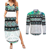 New Zealand Aotearoa Couples Matching Summer Maxi Dress and Long Sleeve Button Shirt With Paua Shell Kowhaiwhai Pattern LT05 Green - Polynesian Pride