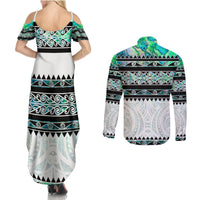 New Zealand Aotearoa Couples Matching Summer Maxi Dress and Long Sleeve Button Shirt With Paua Shell Kowhaiwhai Pattern LT05 - Polynesian Pride