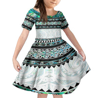 New Zealand Aotearoa Family Matching Tank Maxi Dress and Hawaiian Shirt With Paua Shell Kowhaiwhai Pattern LT05 Daughter's Dress Green - Polynesian Pride