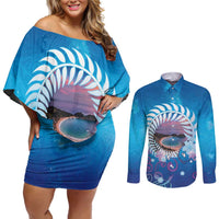 New Zealand Matapouri Beach Landscape Couples Matching Off Shoulder Short Dress and Long Sleeve Button Shirt