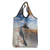 New Zealand Mount Taranaki Landscape Grocery Bag Kokako Bird Polynesian Style