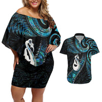 New Zealand Aotearoa Couples Matching Off Shoulder Short Dress and Hawaiian Shirt Maori Manaia Paua Shell Glitter Turquoise