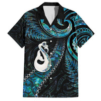New Zealand Aotearoa Family Matching Off Shoulder Short Dress and Hawaiian Shirt Maori Manaia Paua Shell Glitter Turquoise LT05 Dad's Shirt - Short Sleeve Turquoise - Polynesian Pride