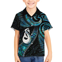 New Zealand Aotearoa Family Matching Off Shoulder Short Dress and Hawaiian Shirt Maori Manaia Paua Shell Glitter Turquoise LT05 Son's Shirt Turquoise - Polynesian Pride