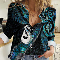 New Zealand Aotearoa Women Casual Shirt Maori Manaia Paua Shell Glitter Turquoise
