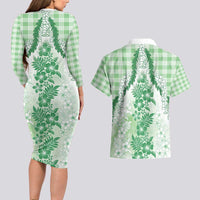 Aloha Hawaii Palaka Couples Matching Long Sleeve Bodycon Dress and Hawaiian Shirt Green Plumeria Lei - Polynesian Pride