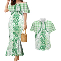 Aloha Hawaii Palaka Couples Matching Mermaid Dress and Hawaiian Shirt Green Plumeria Lei LT05 Green - Polynesian Pride