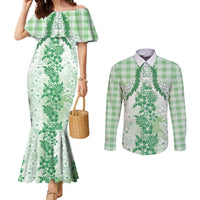 Aloha Hawaii Palaka Couples Matching Mermaid Dress and Long Sleeve Button Shirt Green Plumeria Lei - Polynesian Pride