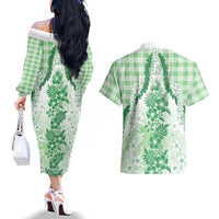Aloha Hawaii Palaka Couples Matching Off The Shoulder Long Sleeve Dress and Hawaiian Shirt Green Plumeria Lei LT05 - Polynesian Pride