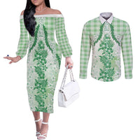 Aloha Hawaii Palaka Couples Matching Off The Shoulder Long Sleeve Dress and Long Sleeve Button Shirt Green Plumeria Lei - Polynesian Pride