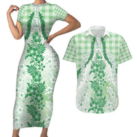 Aloha Hawaii Palaka Couples Matching Short Sleeve Bodycon Dress and Hawaiian Shirt Green Plumeria Lei - Polynesian Pride