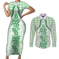Aloha Hawaii Palaka Couples Matching Short Sleeve Bodycon Dress and Long Sleeve Button Shirt Green Plumeria Lei - Polynesian Pride
