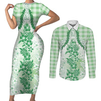 Aloha Hawaii Palaka Couples Matching Short Sleeve Bodycon Dress and Long Sleeve Button Shirt Green Plumeria Lei - Polynesian Pride