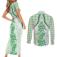Aloha Hawaii Palaka Couples Matching Short Sleeve Bodycon Dress and Long Sleeve Button Shirt Green Plumeria Lei - Polynesian Pride