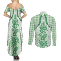 Aloha Hawaii Palaka Couples Matching Summer Maxi Dress and Long Sleeve Button Shirt Green Plumeria Lei - Polynesian Pride