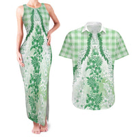 Aloha Hawaii Palaka Couples Matching Tank Maxi Dress and Hawaiian Shirt Green Plumeria Lei - Polynesian Pride