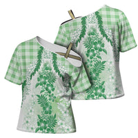 Aloha Hawaii Palaka Cross Shoulder Shirt Green Plumeria Lei - Polynesian Pride