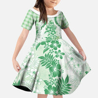 Aloha Hawaii Palaka Family Matching Long Sleeve Bodycon Dress and Hawaiian Shirt Green Plumeria Lei LT05 Daughter's Dress Green - Polynesian Pride