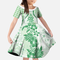 Aloha Hawaii Palaka Family Matching Off The Shoulder Long Sleeve Dress and Hawaiian Shirt Green Plumeria Lei LT05 Daughter's Dress Green - Polynesian Pride