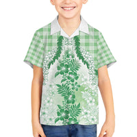 Aloha Hawaii Palaka Family Matching Off The Shoulder Long Sleeve Dress and Hawaiian Shirt Green Plumeria Lei LT05 Son's Shirt Green - Polynesian Pride