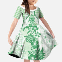Aloha Hawaii Palaka Family Matching Off Shoulder Maxi Dress and Hawaiian Shirt Green Plumeria Lei LT05 Daughter's Dress Green - Polynesian Pride