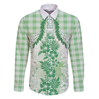 Aloha Hawaii Palaka Family Matching Off Shoulder Maxi Dress and Hawaiian Shirt Green Plumeria Lei LT05 Dad's Shirt - Long Sleeve Green - Polynesian Pride